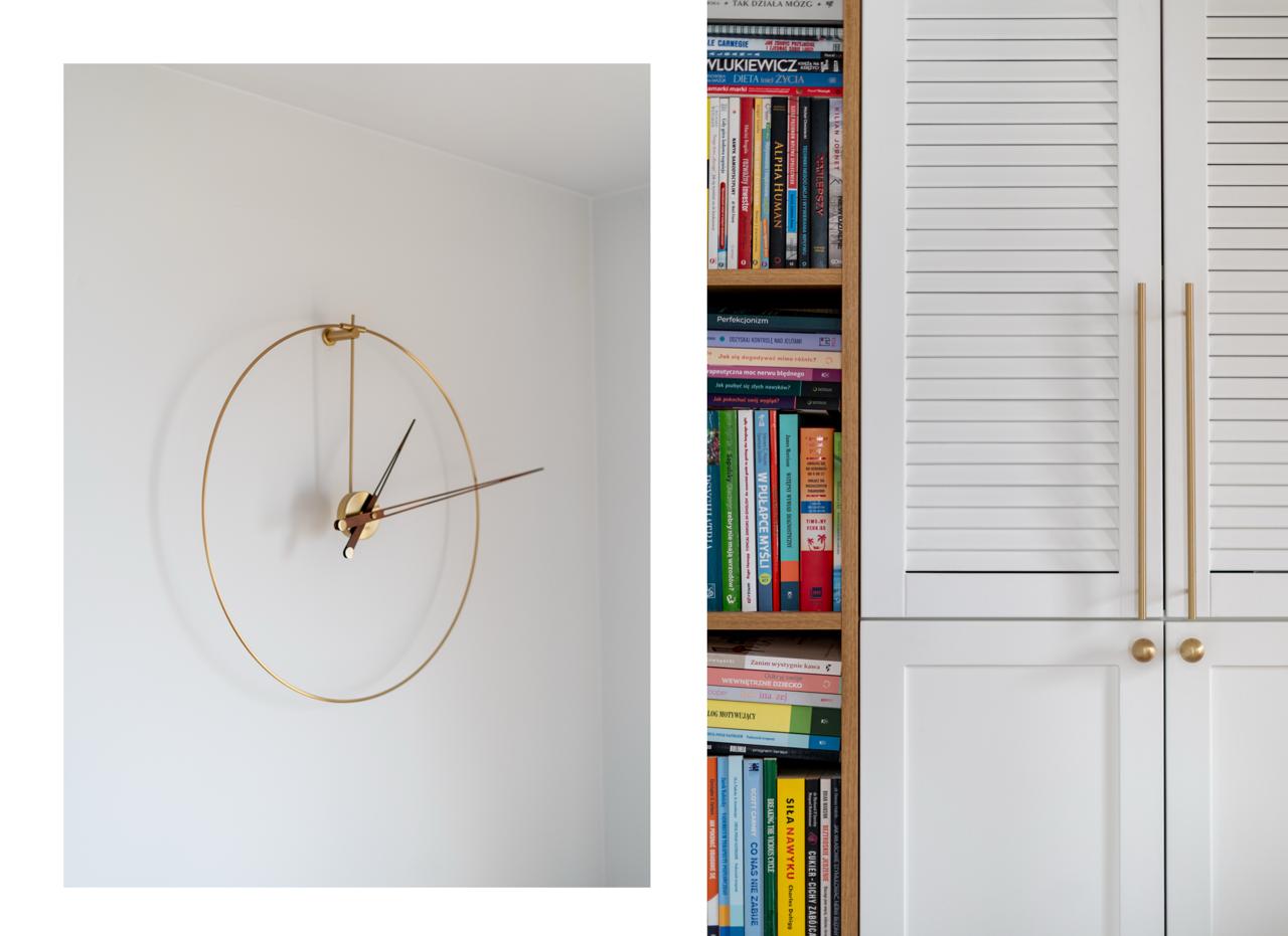 ścianka z zegarem, regał na książki homestaging Wieliczka
