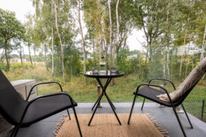 balkon z widokiem na zieleń za oknami