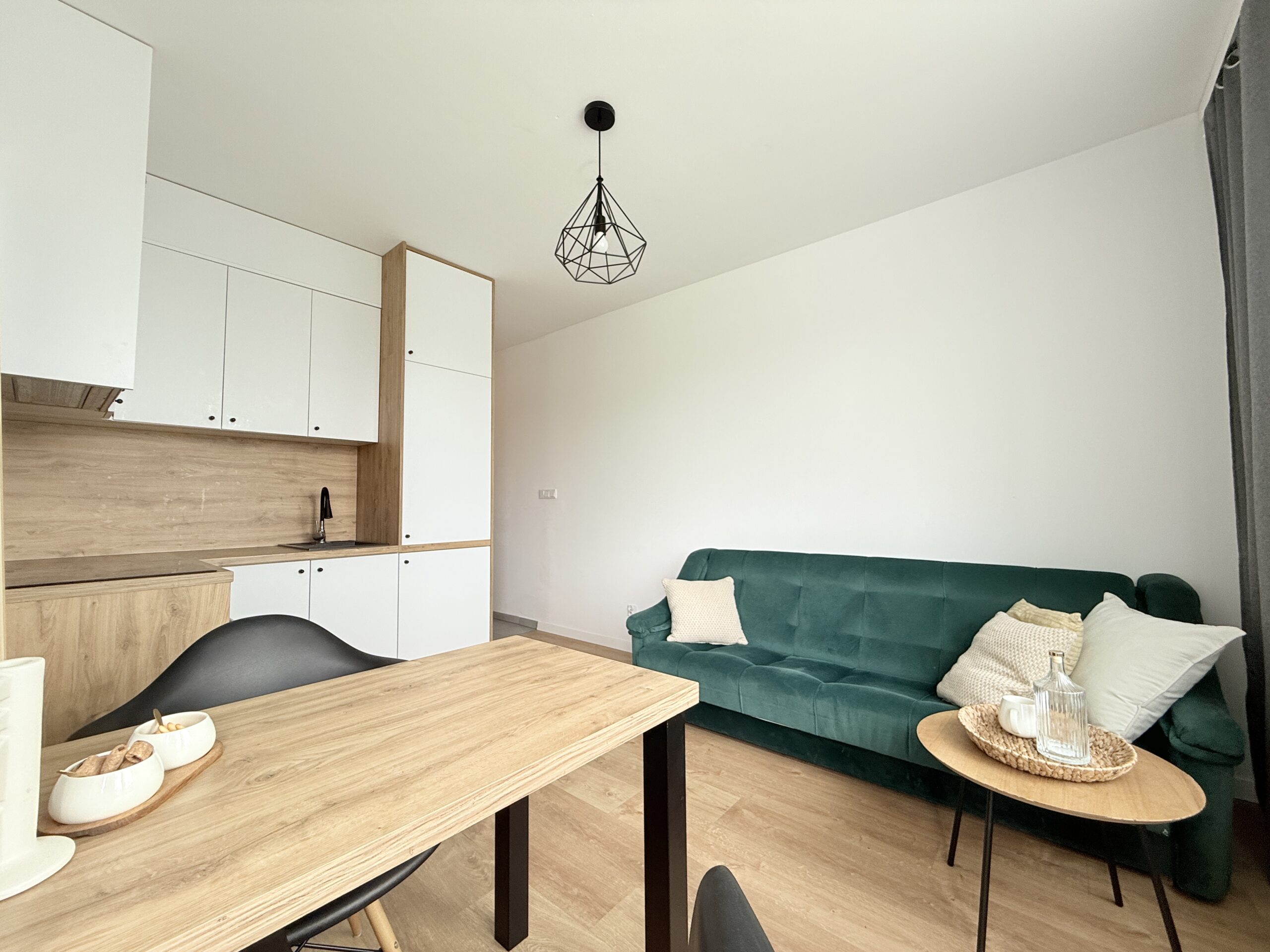nowoczesny salon z aneksem kuchennym i wyjściem na balkon Kraków Ruczaj