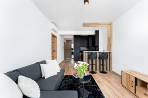 Salon z aneksem kuchennym i wyjściem na balkon nowoczesne mieszkanie 37m2 osiedle Verde Wieliczka Kraków Livio biuro nieruchomości
